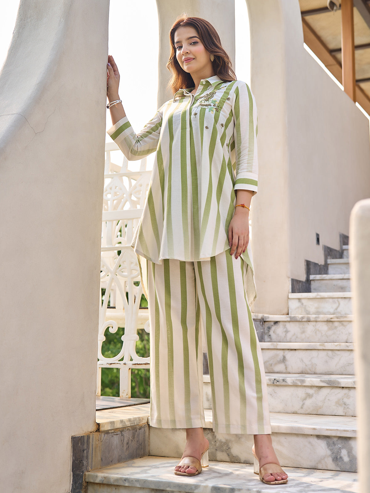 White and pista green casual wear kurti set