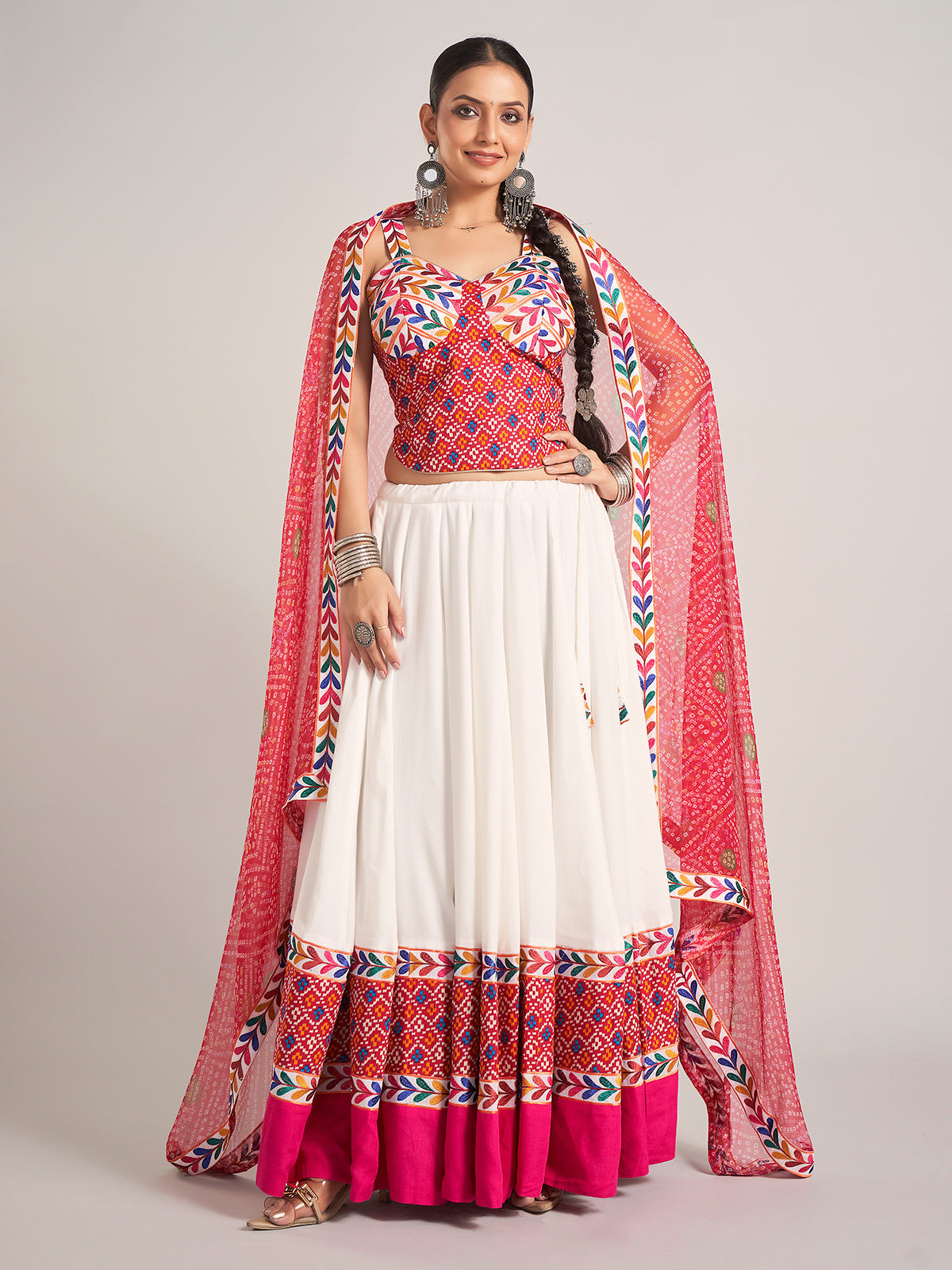 White and rani pink silk navratri chaniya choli