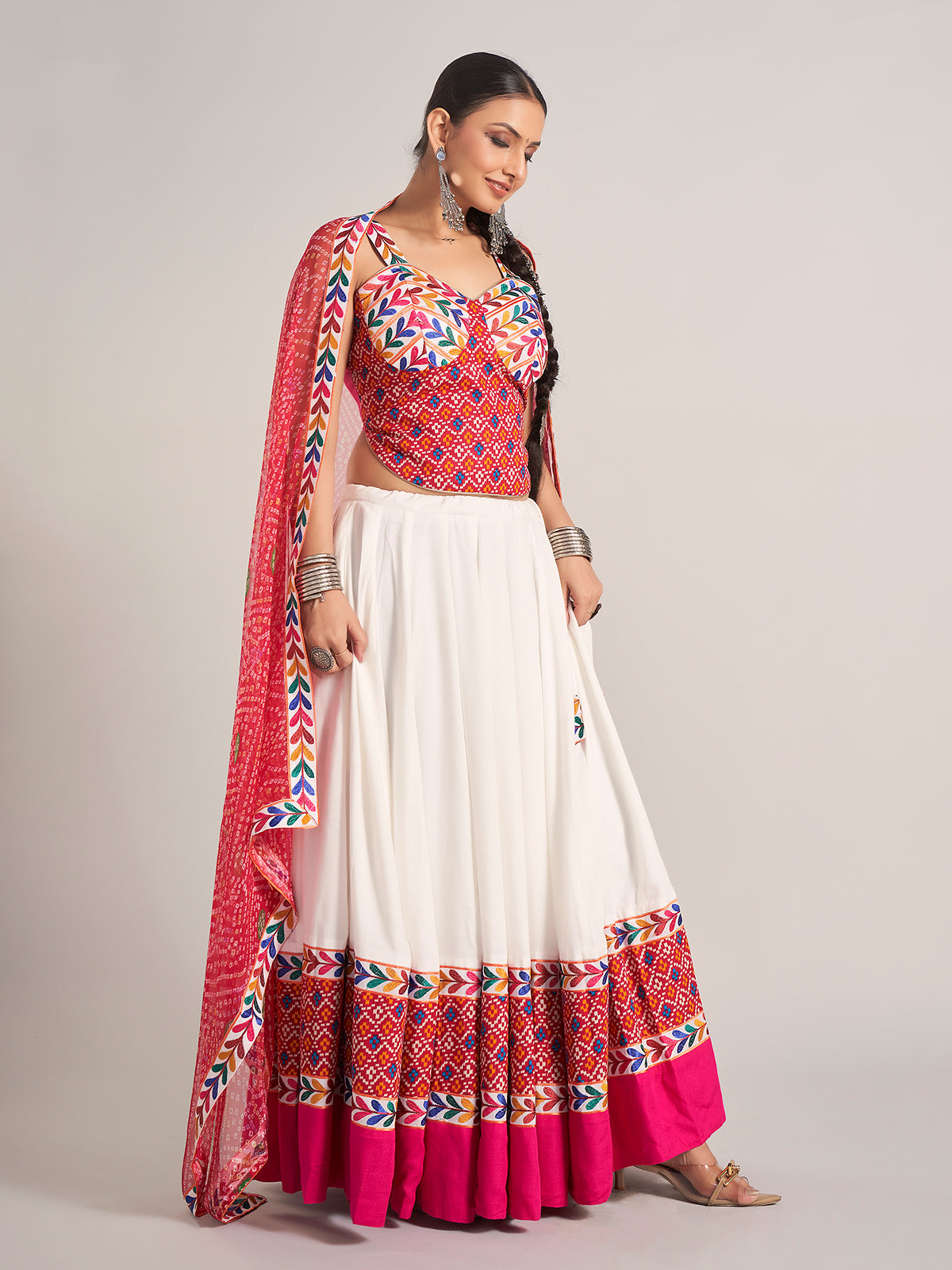 White and rani pink silk navratri chaniya choli