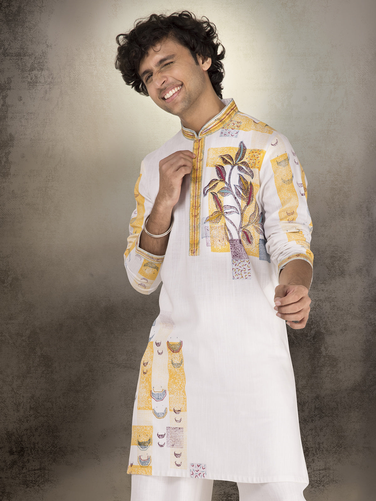 White and yellow linen cotton printed kurta suit