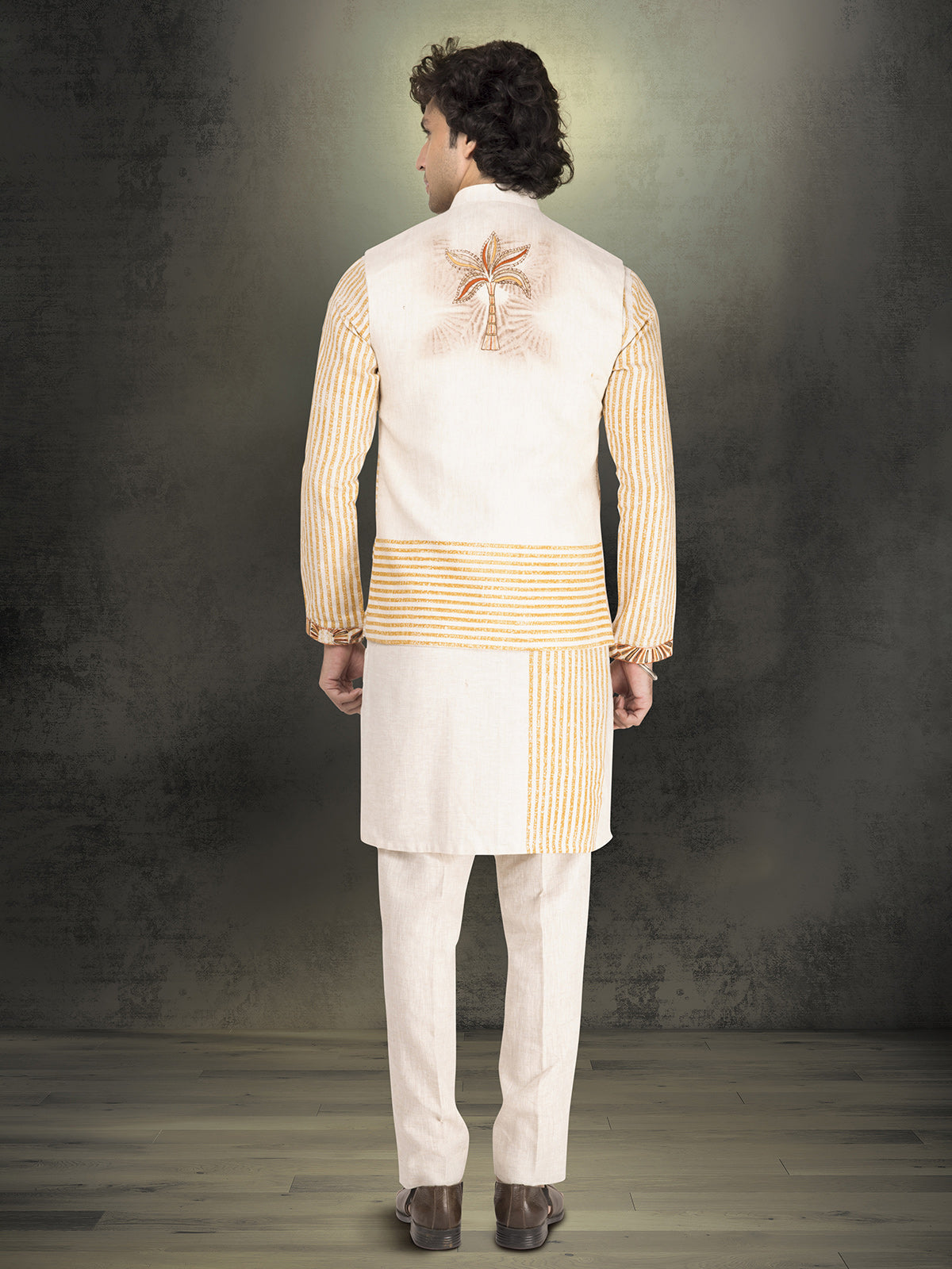 White and yellow pure linen block printed waistcoat set