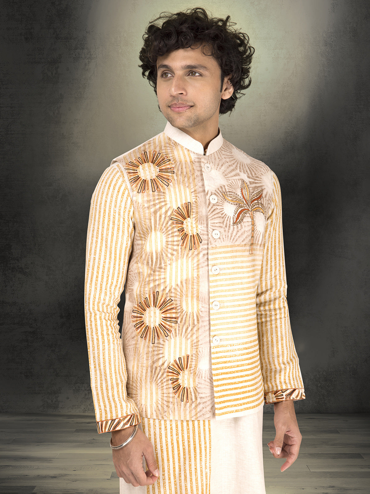 White and yellow pure linen block printed waistcoat set