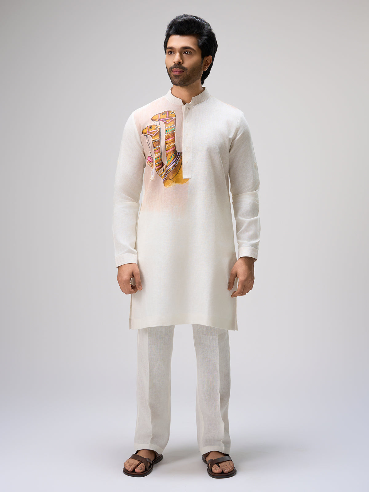 White camel painted kurta pajama men