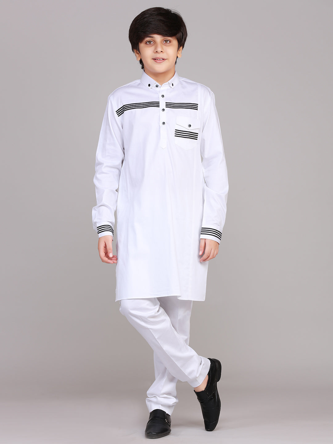 White cotton solid boys pathani suit
