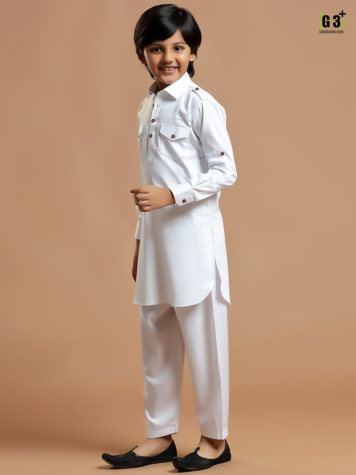 White festive season boys pathani suit in cotton silk