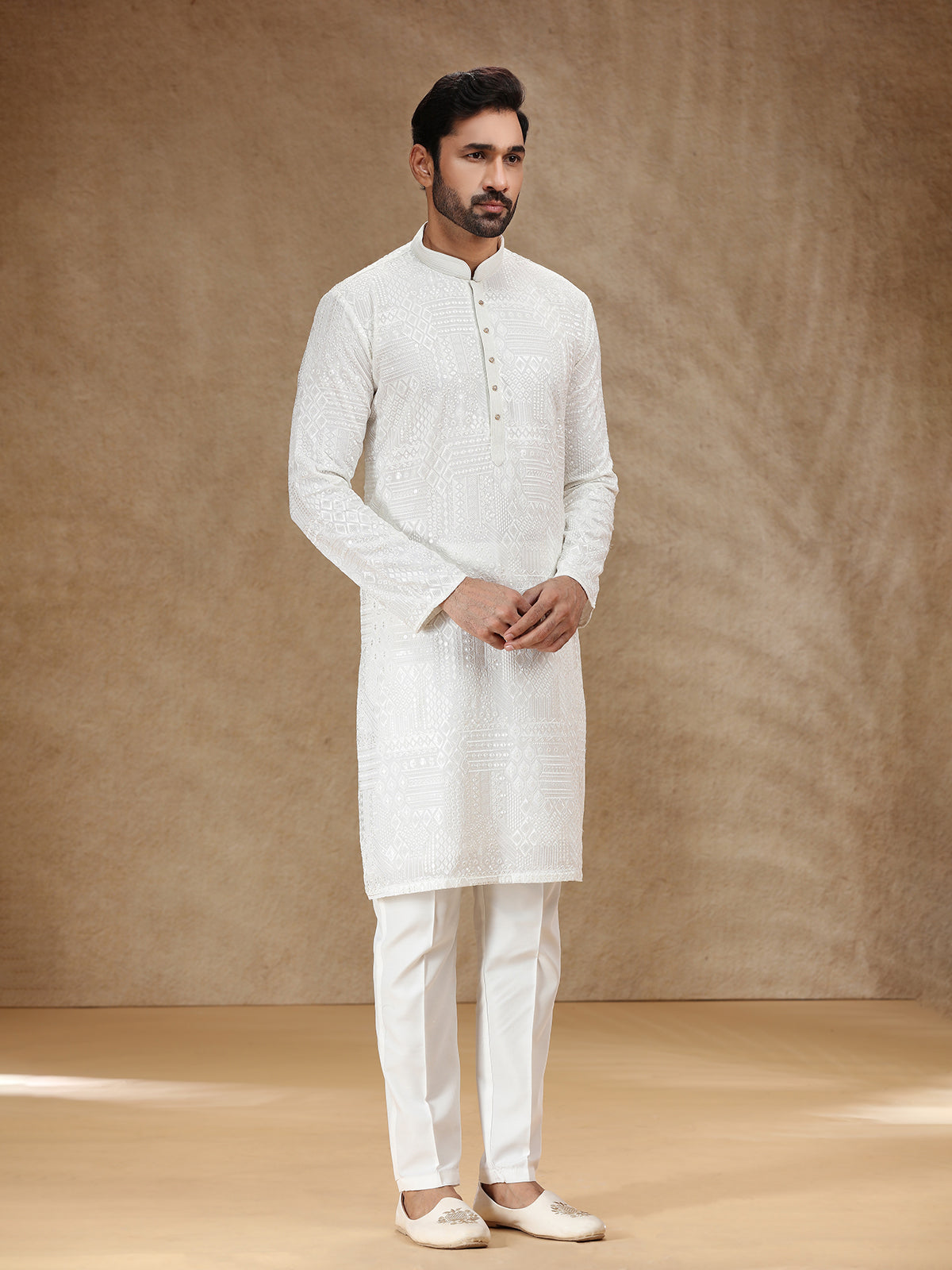 White georgette men festive kurta pajama