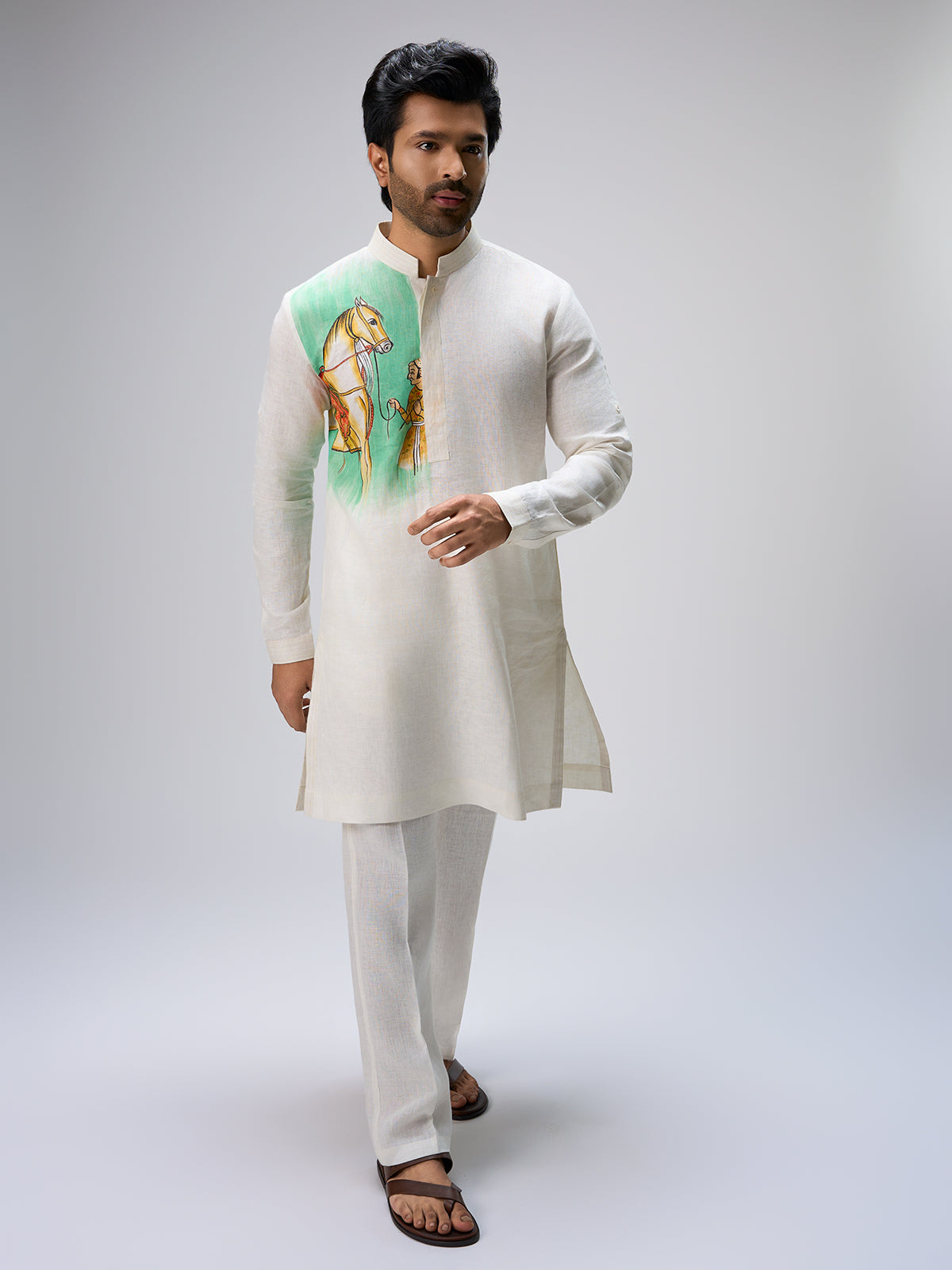 White horse motif kurta suit men