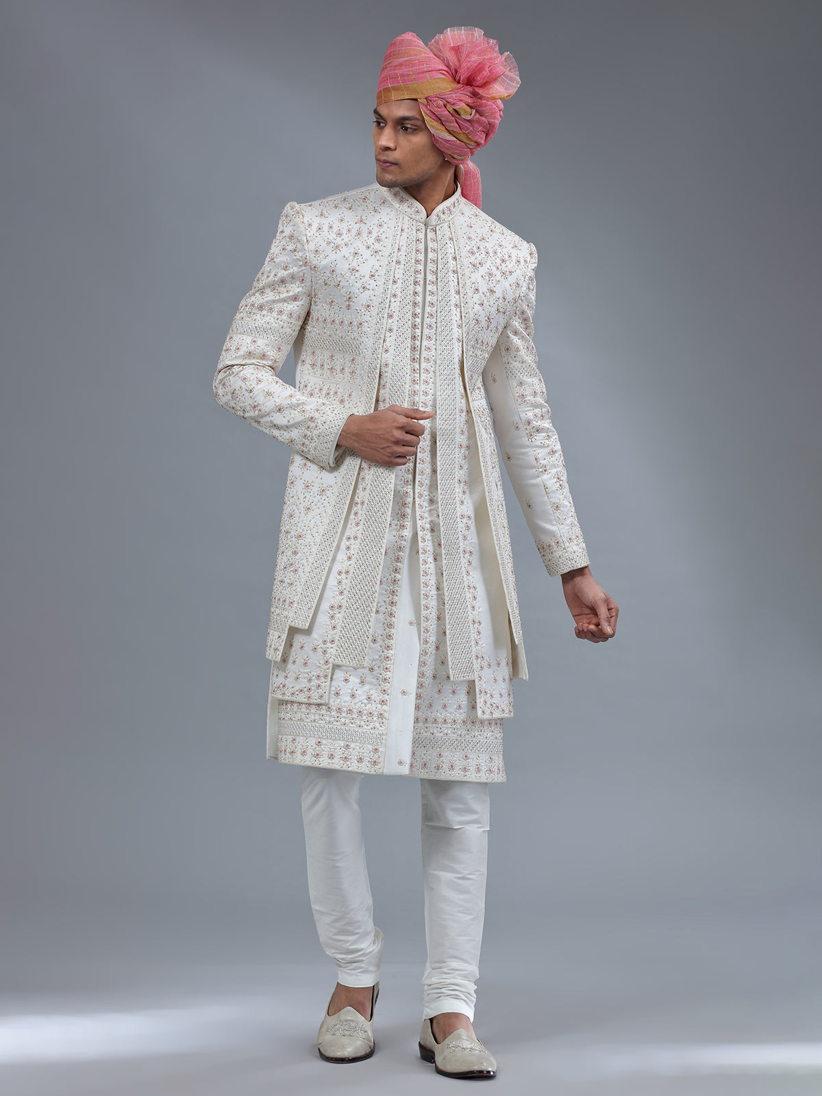 White jacket style sherwani with matching bottom