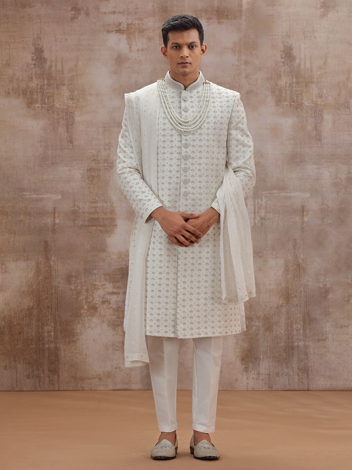 White lucknowi georgette wedding sherwani with dupatta