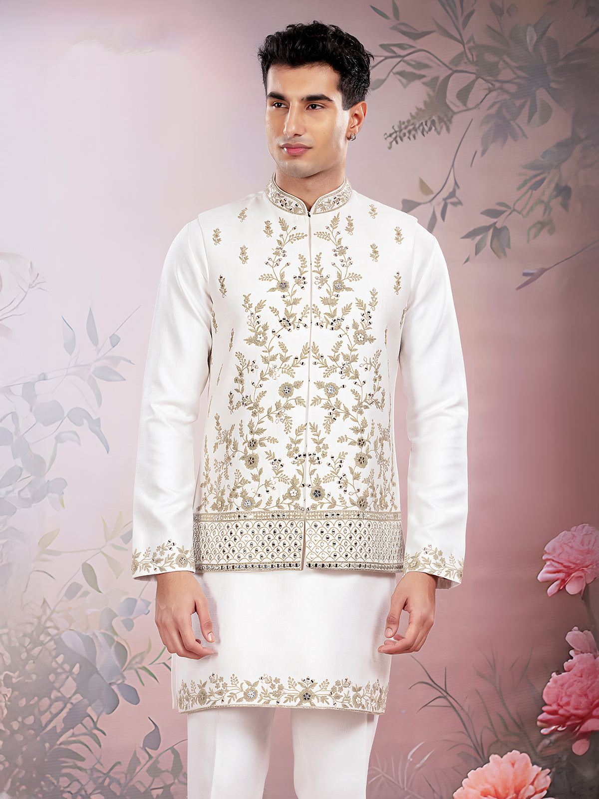 White mirror worked silk waistcoat set