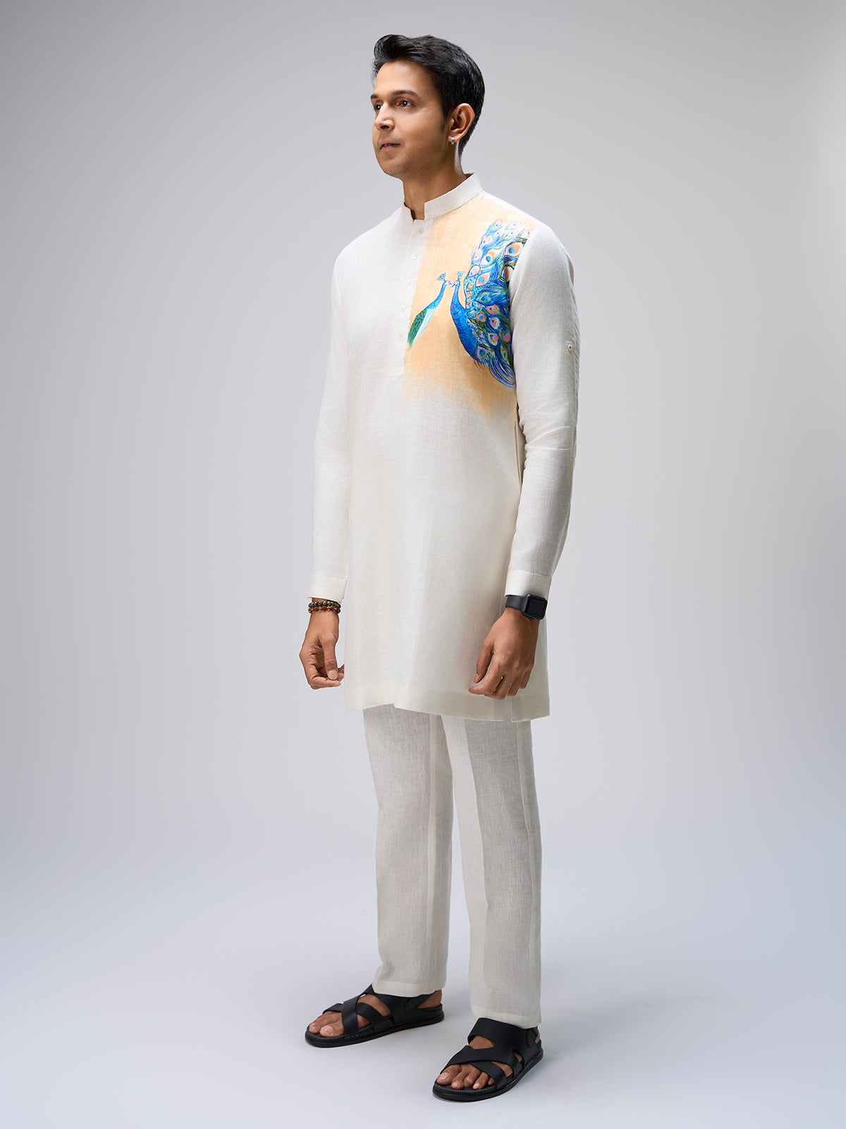 White peacock artwork kurta pajama men