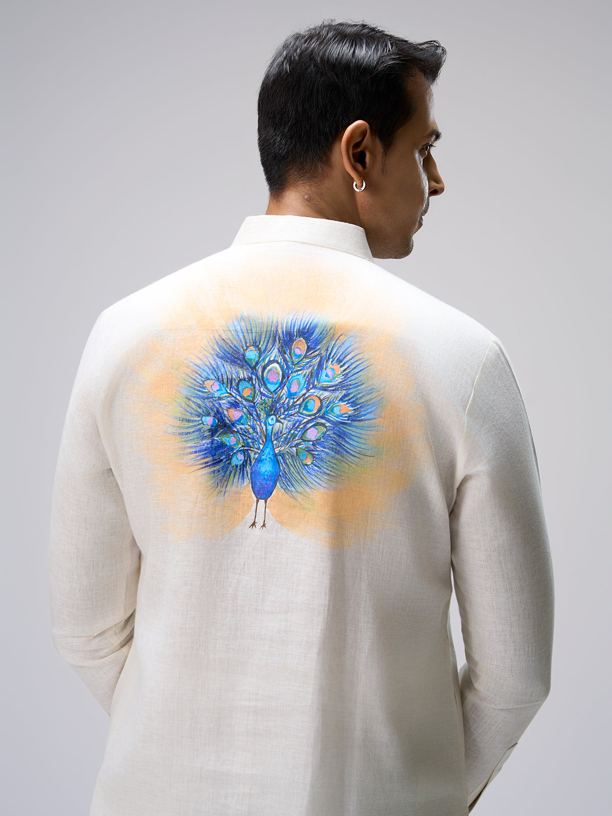 White peacock artwork kurta pajama men