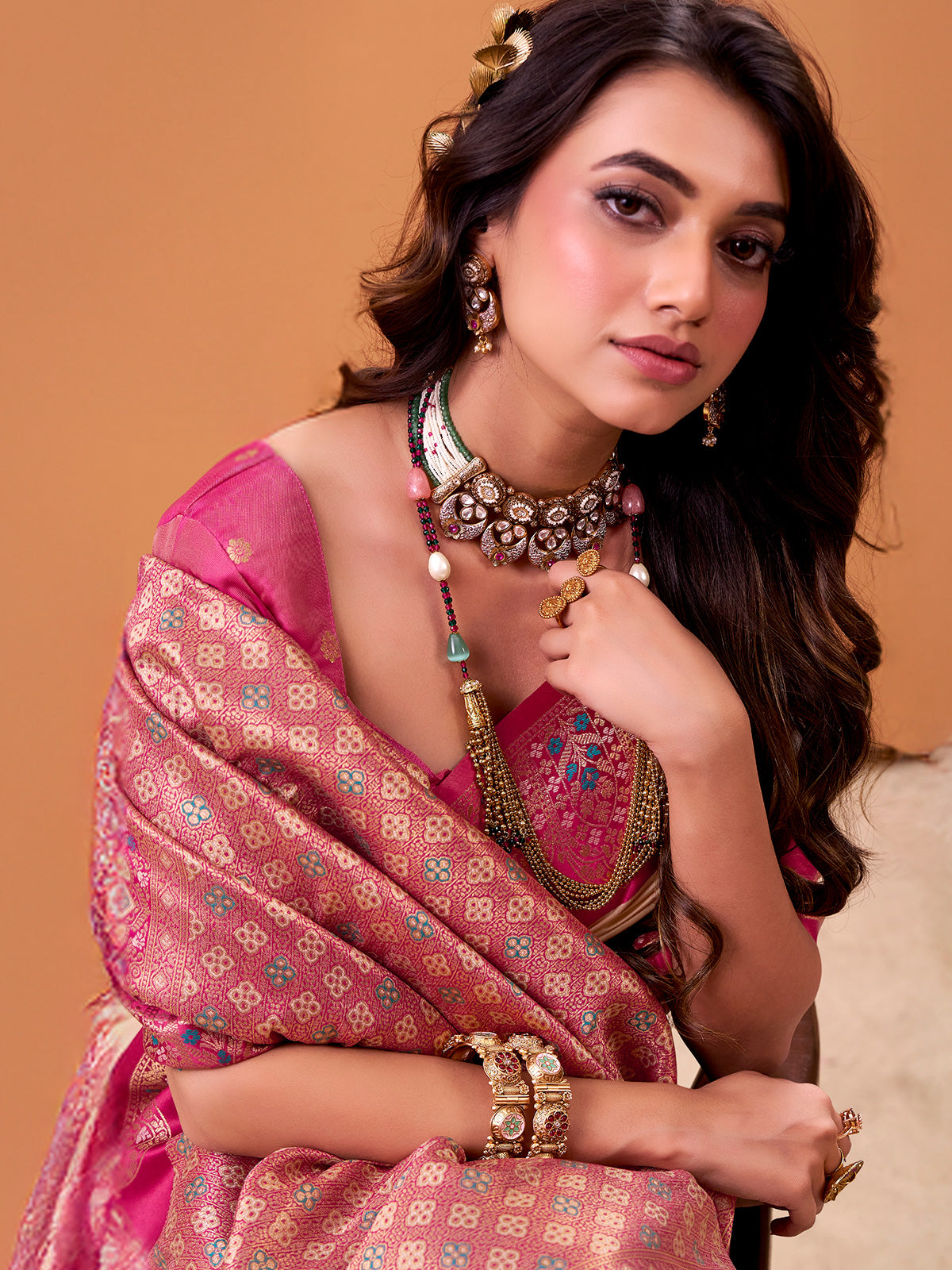 White pink satin saree with zari motifs
