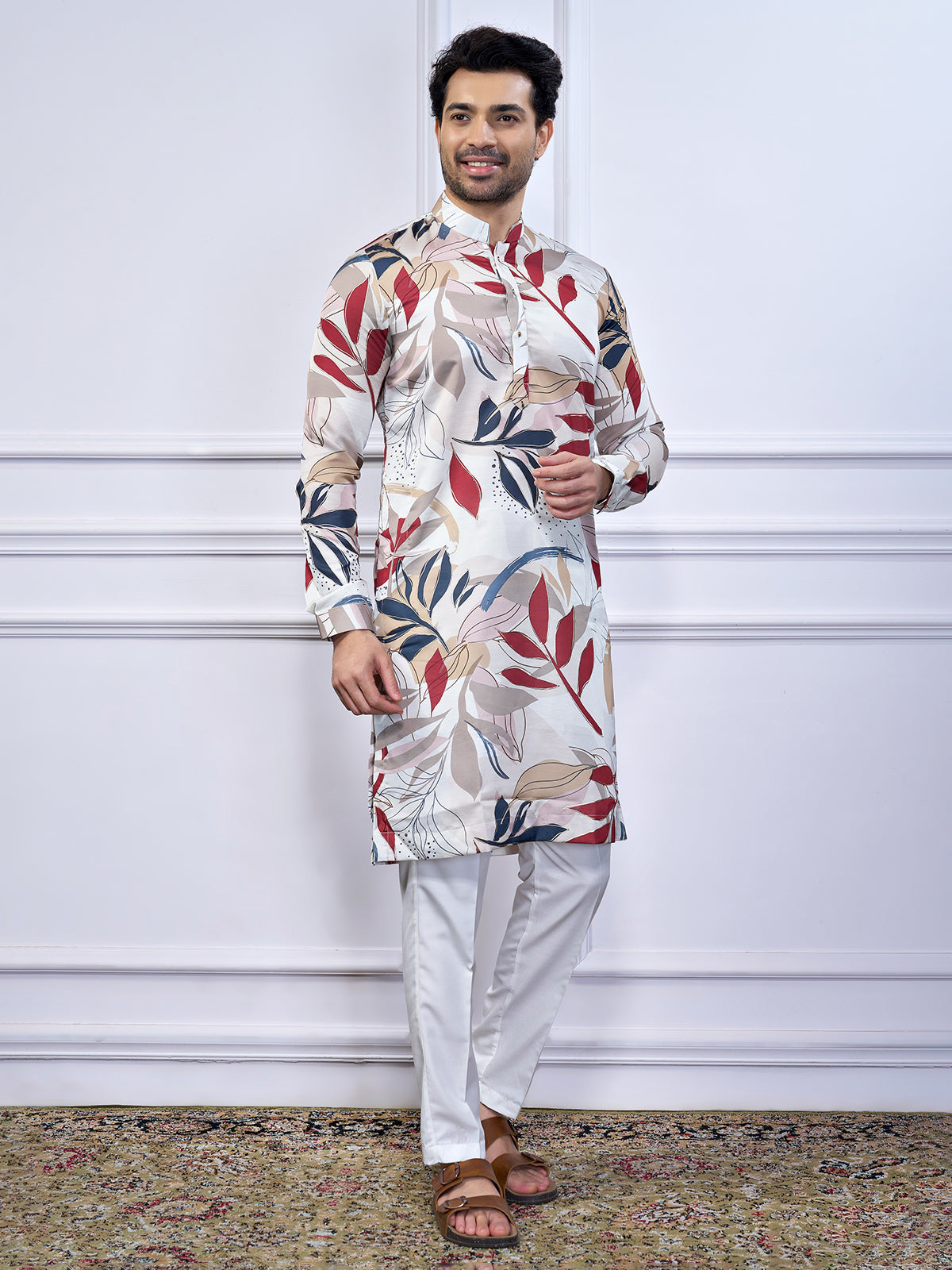 White printed cotton kurta suit for men traditional wear