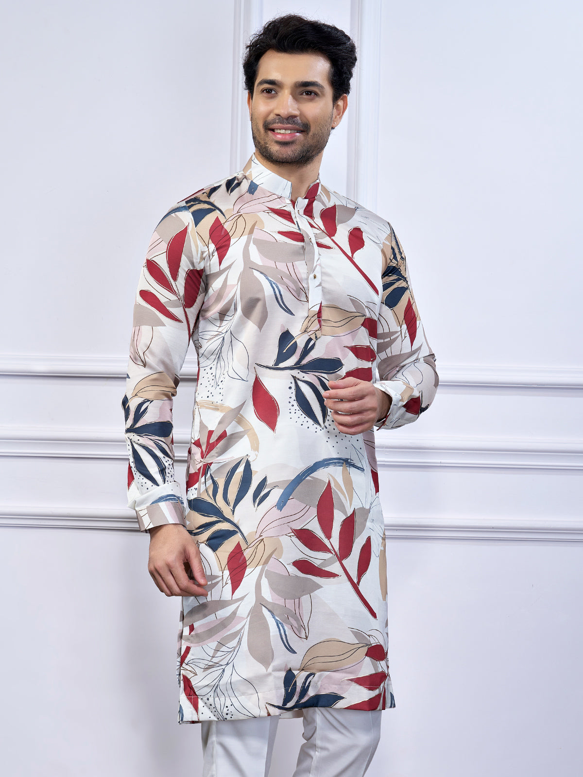 White printed cotton kurta suit for men traditional wear