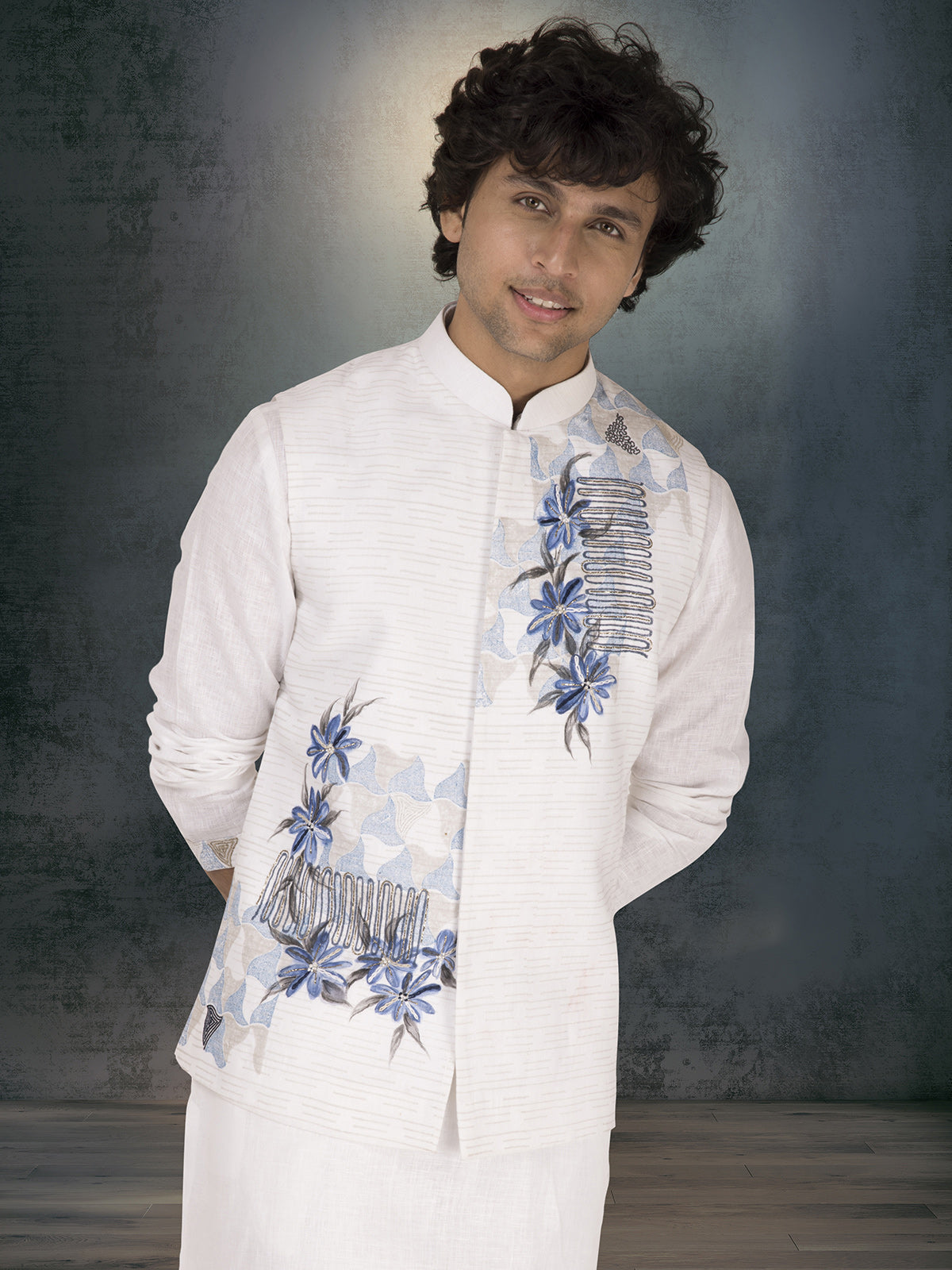 White pure linen block printed waistcoat set