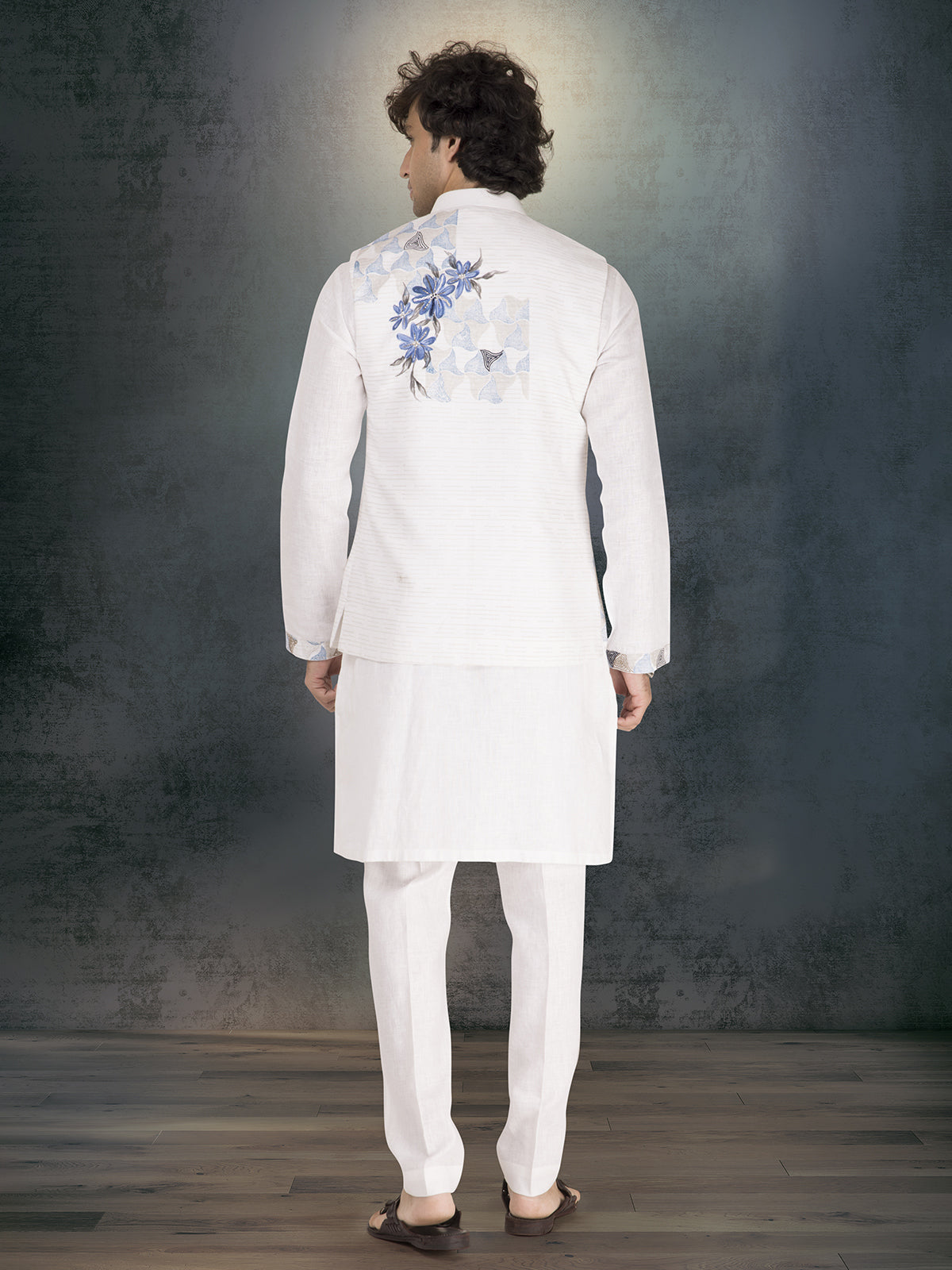White pure linen block printed waistcoat set