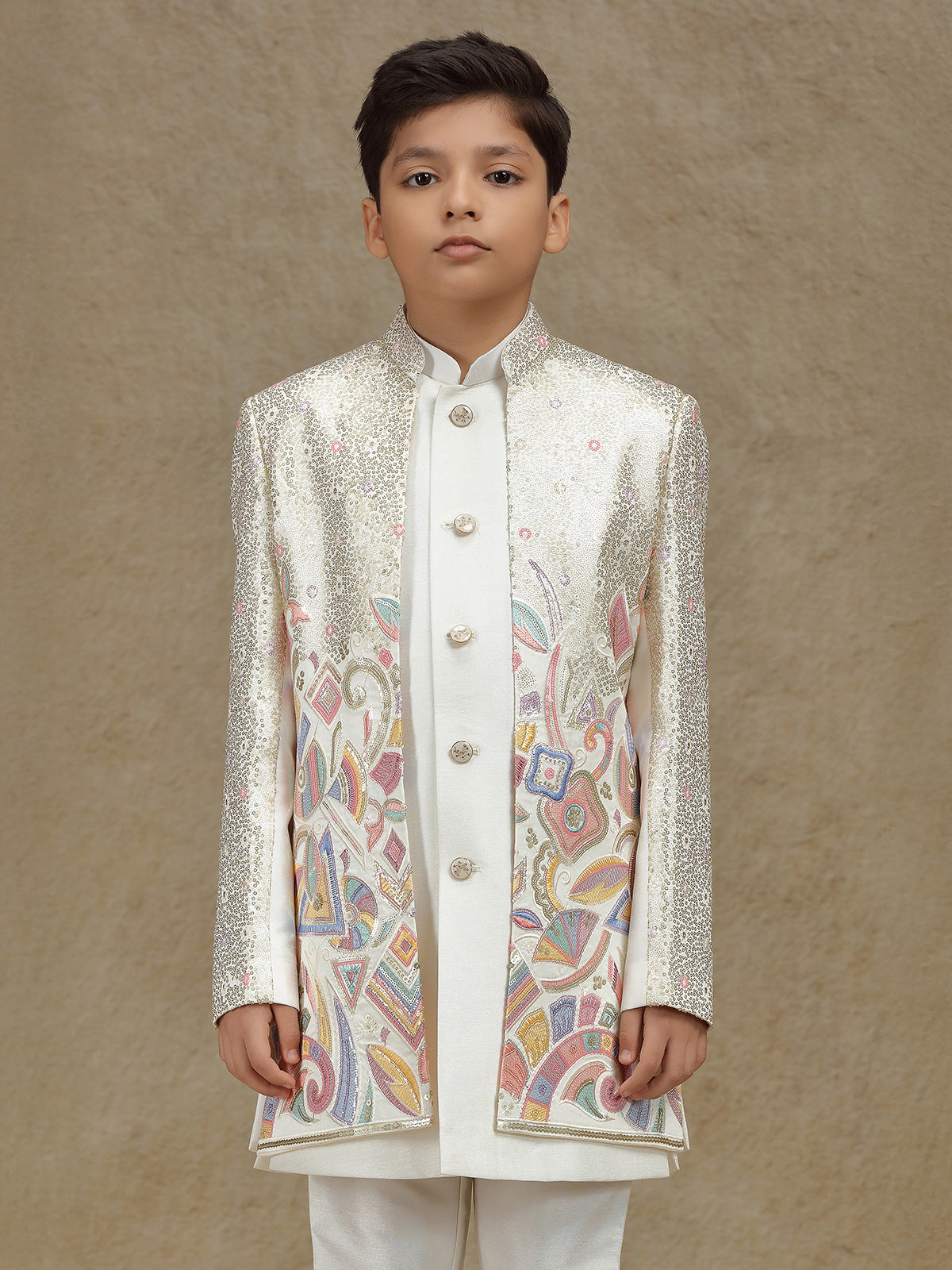 White silk indowestern with sequins work