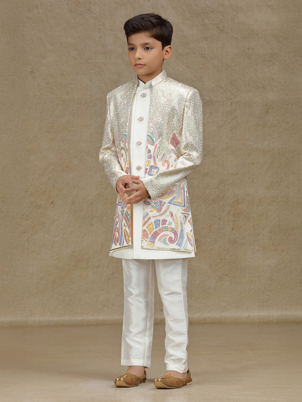 White silk indowestern with sequins work