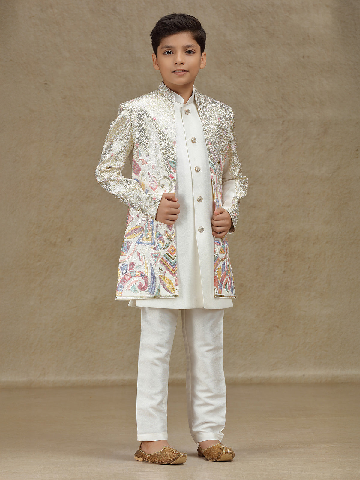 White silk indowestern with sequins work