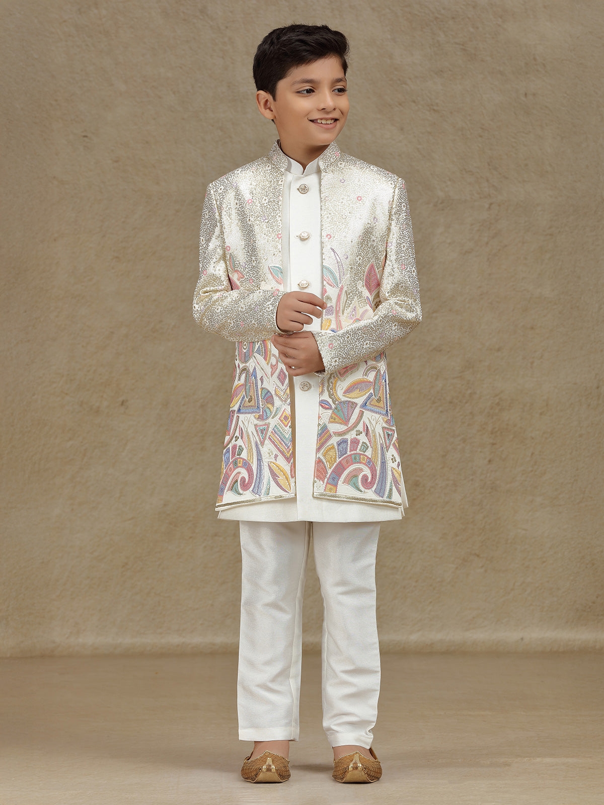 White silk indowestern with sequins work