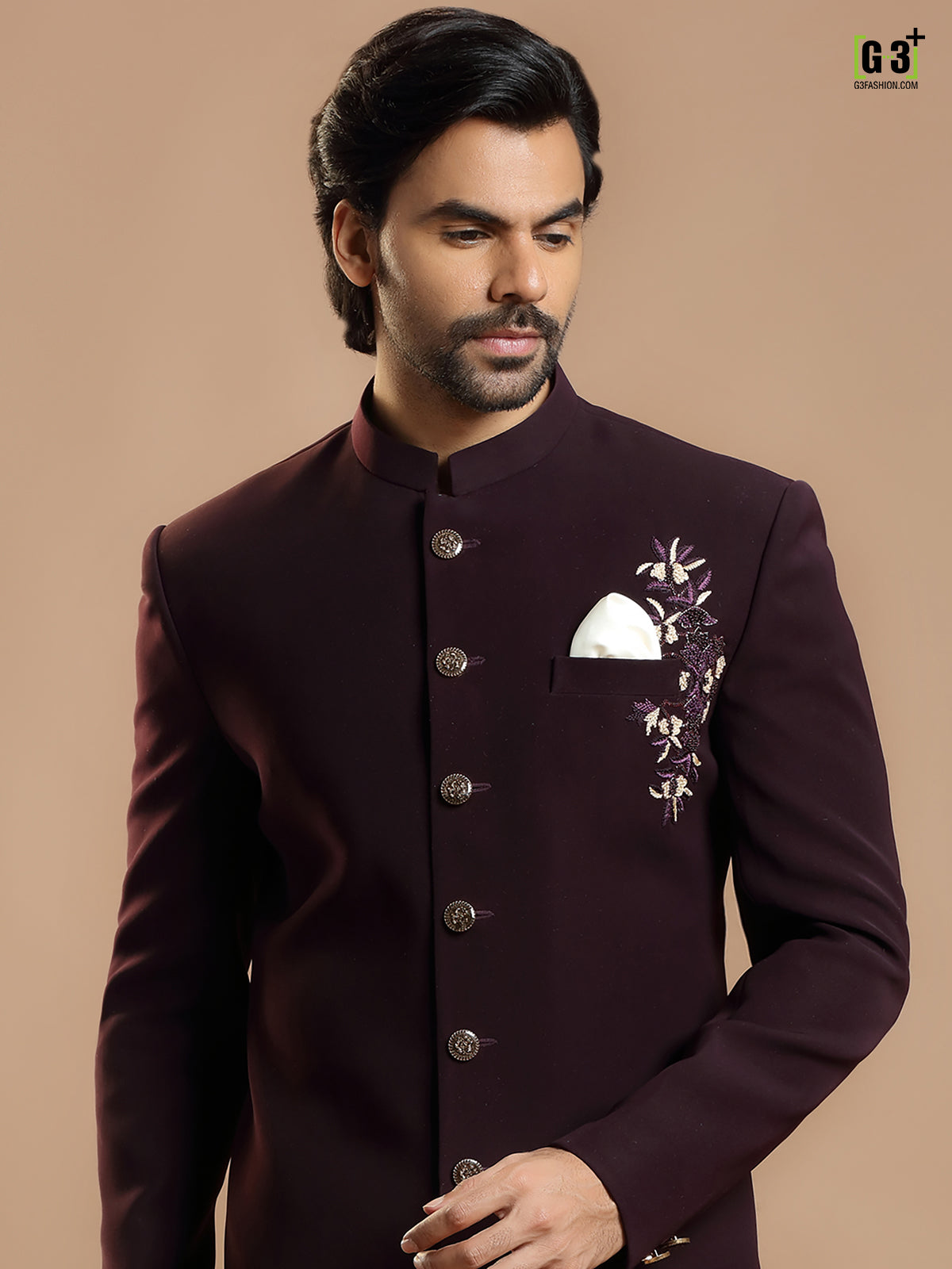 Wine hue party wear indowestern for men