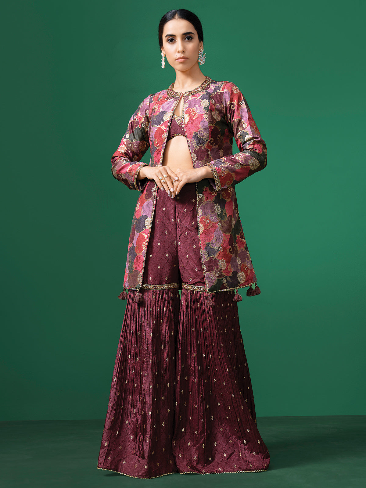 Wine silk jacket style sharara suit