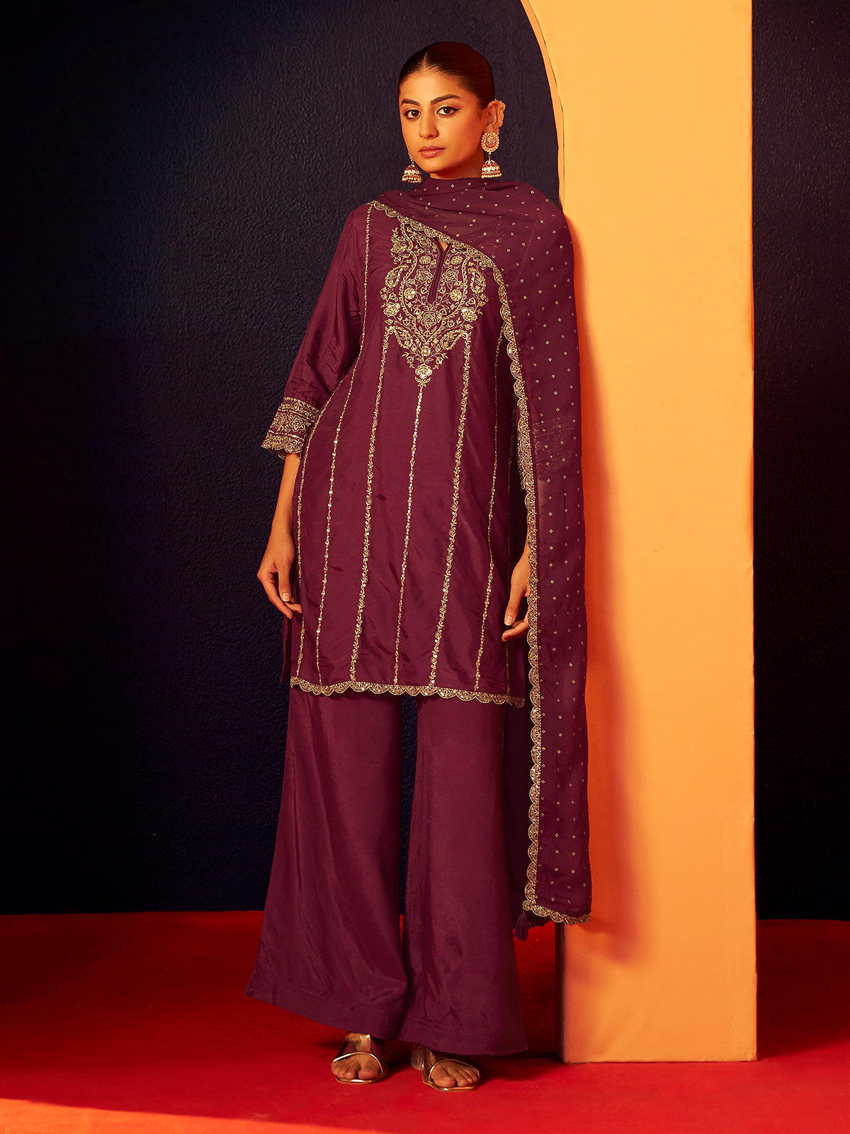 Wine silk pakistani style kurti palazzo kurti set