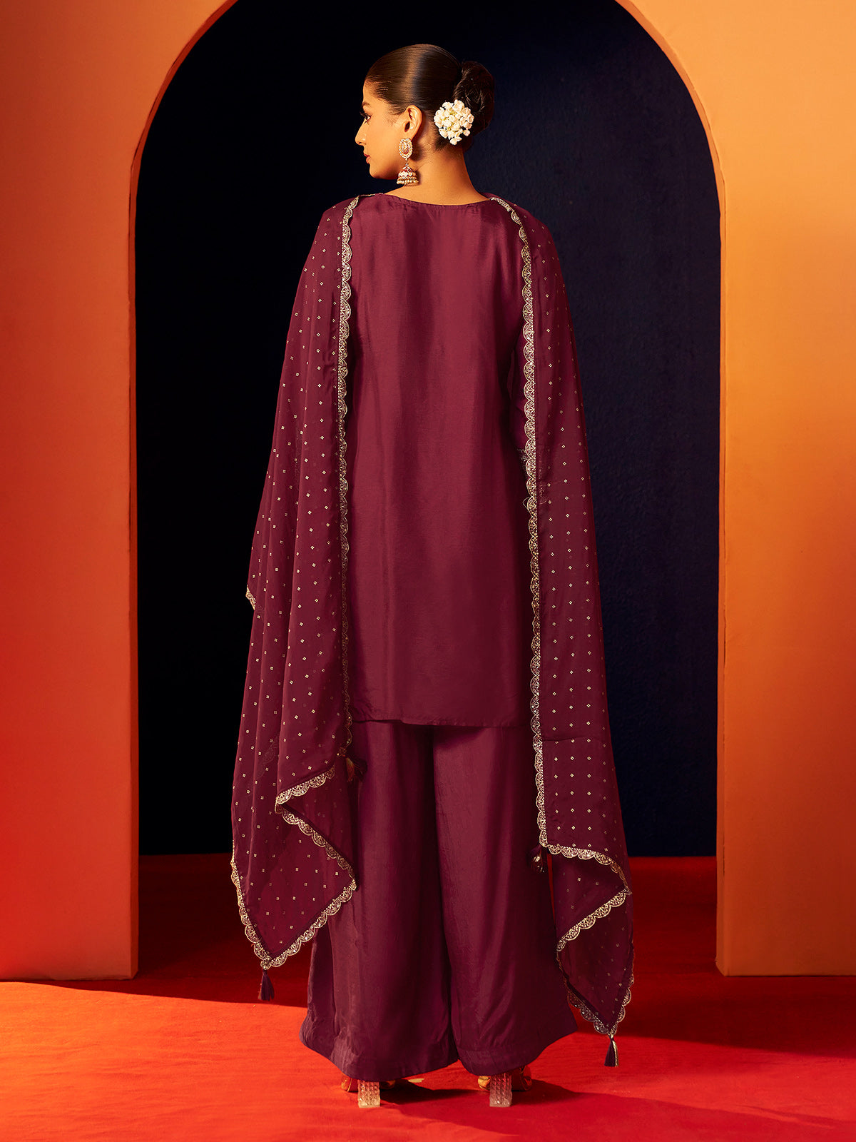 Wine silk pakistani style kurti palazzo kurti set