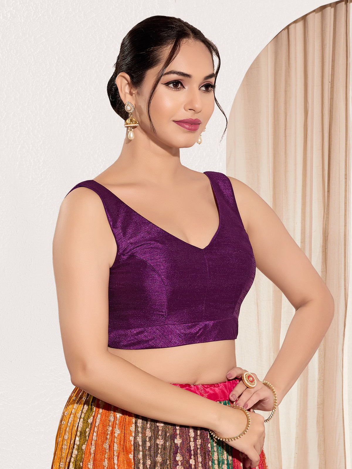 Wine silk ready made blouse for women