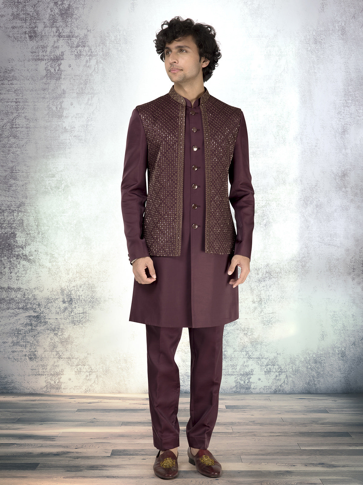 Wine silk waistcoat set with sequins and embroidery work