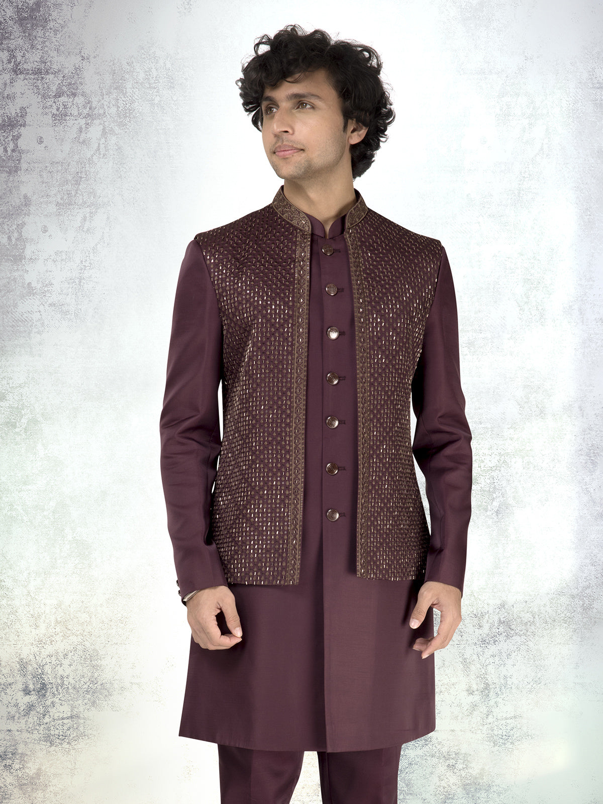 Wine silk waistcoat set with sequins and embroidery work
