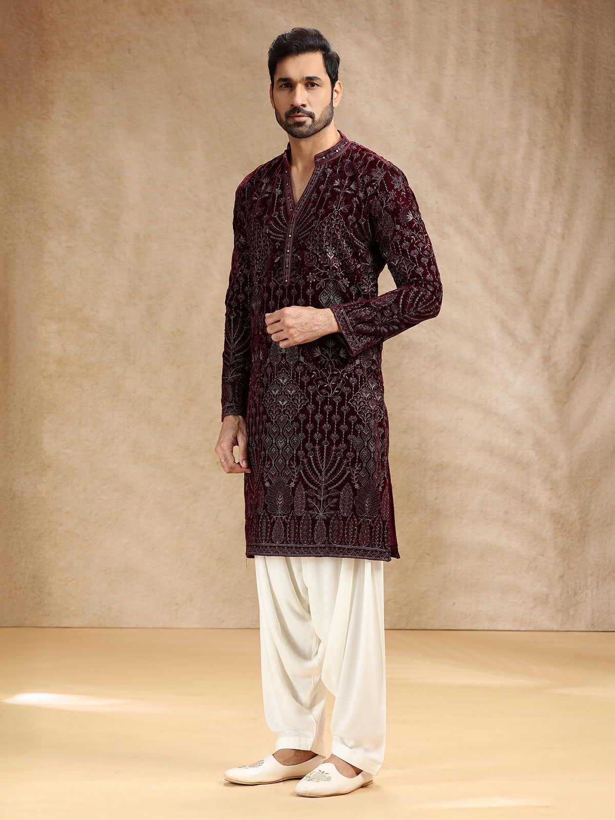 Wine velevt men kurta pajama with embroidery