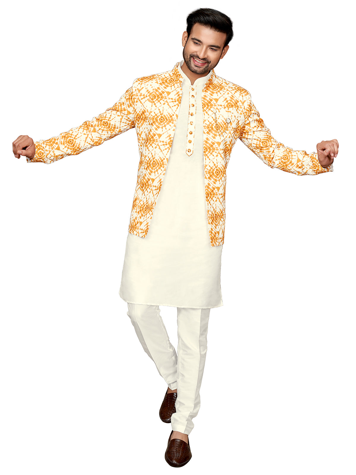 Yellow and cream printed indowestern