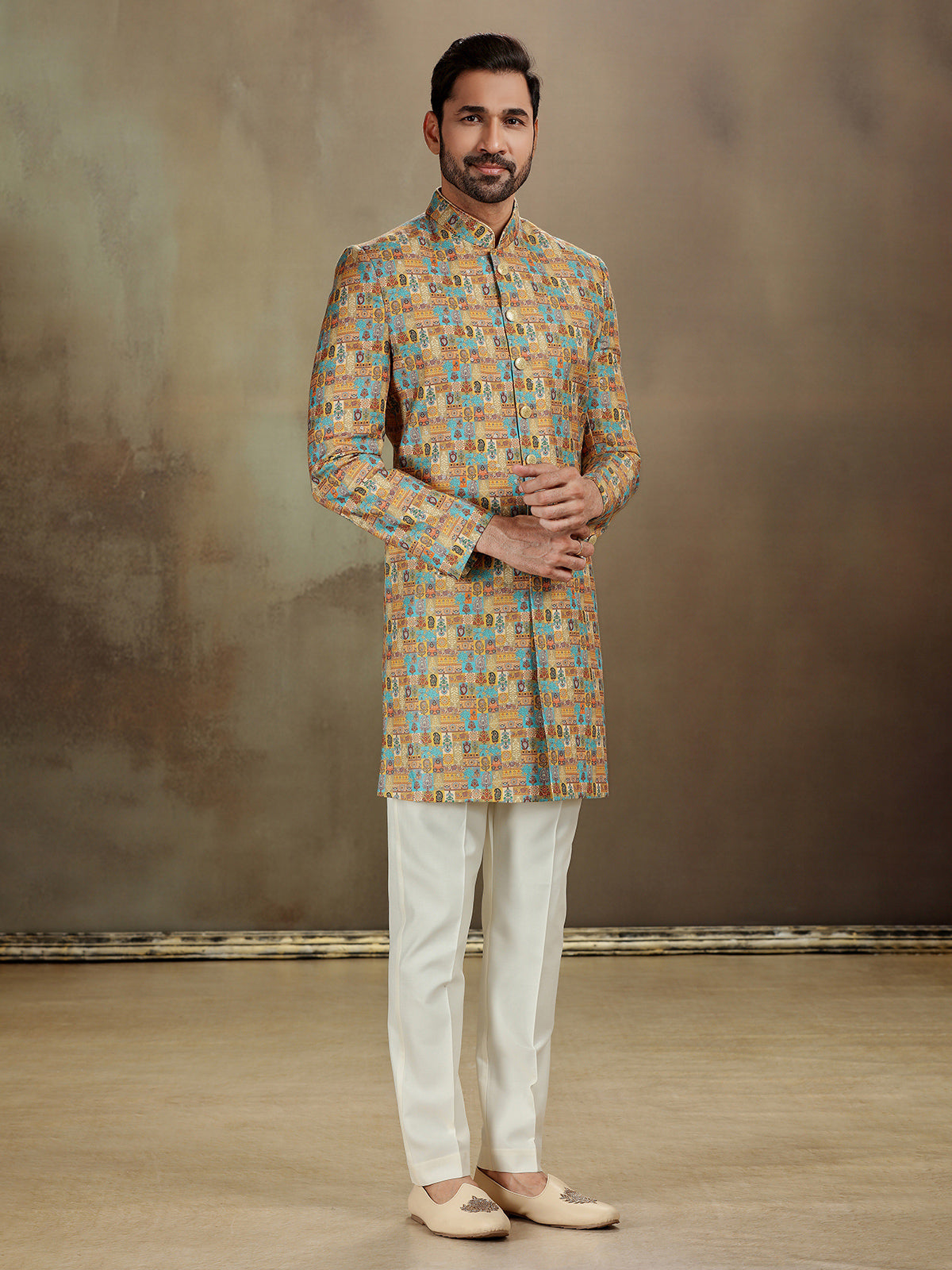 Yellow banarasi jacquard heritage indo western