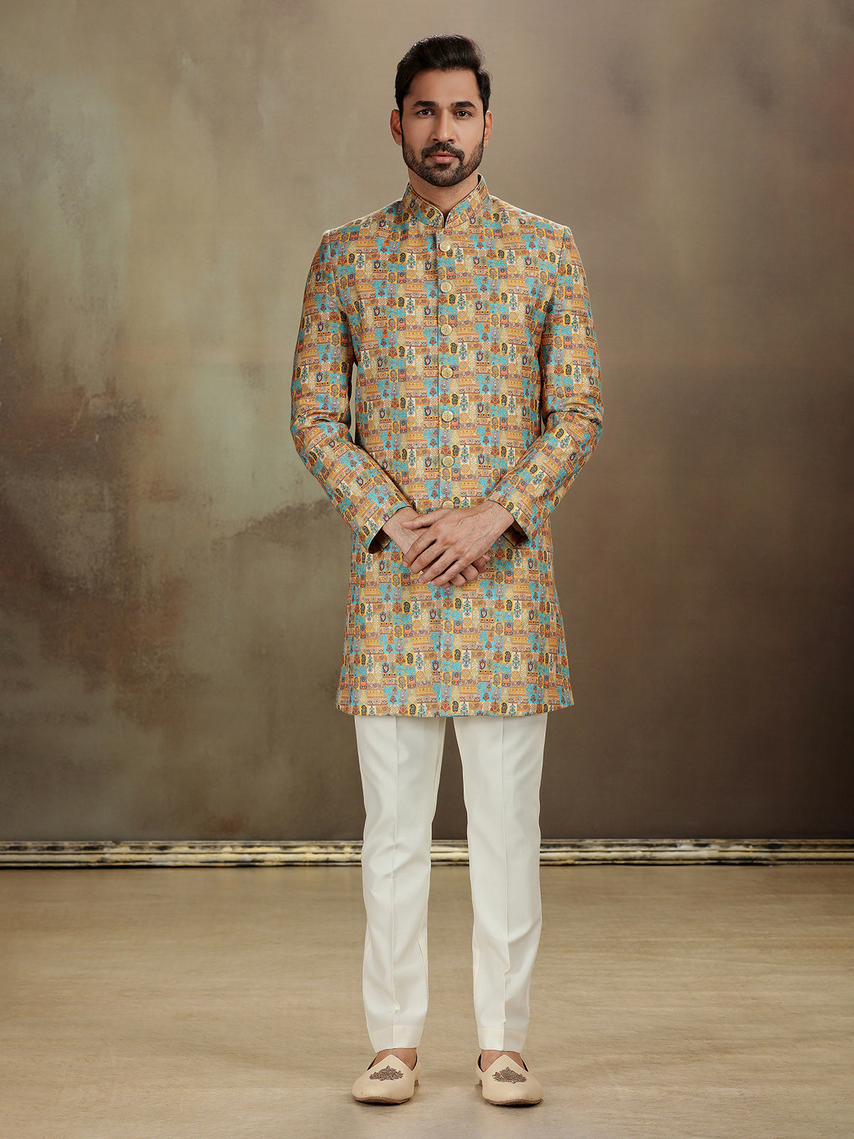 Yellow banarasi jacquard heritage indo western