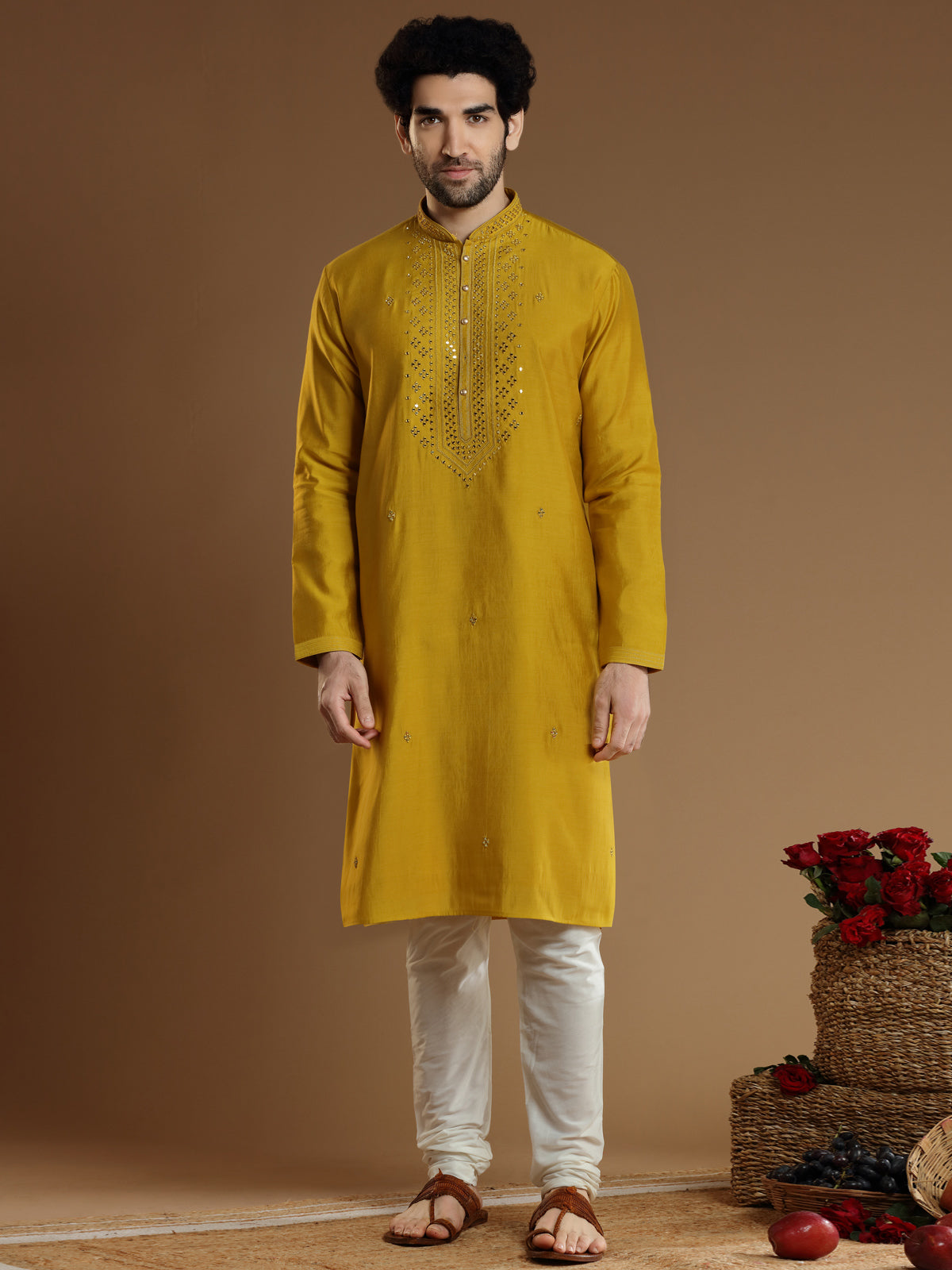 Yellow color cotton silk kurta suit for men