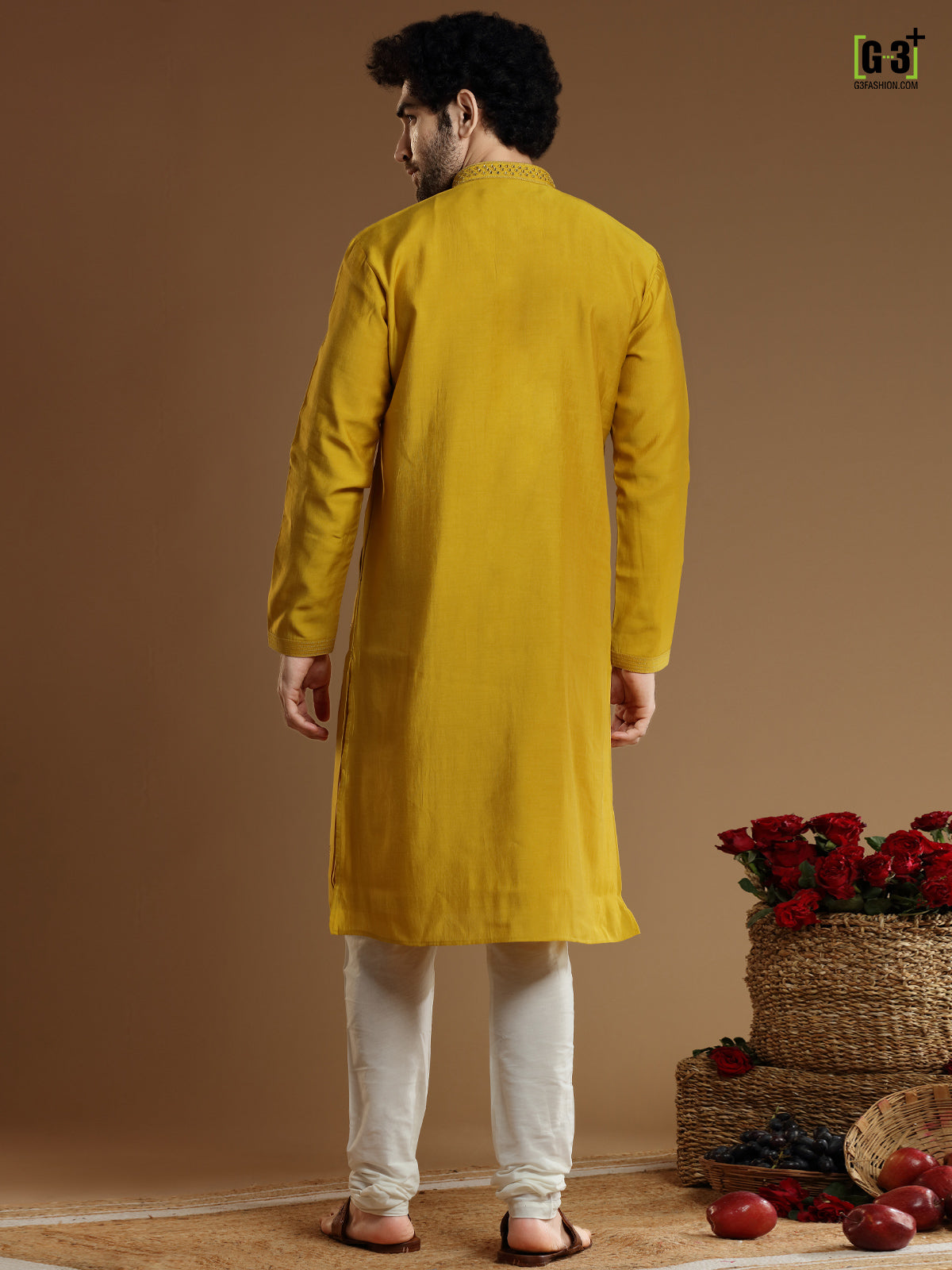Yellow color cotton silk kurta suit for men