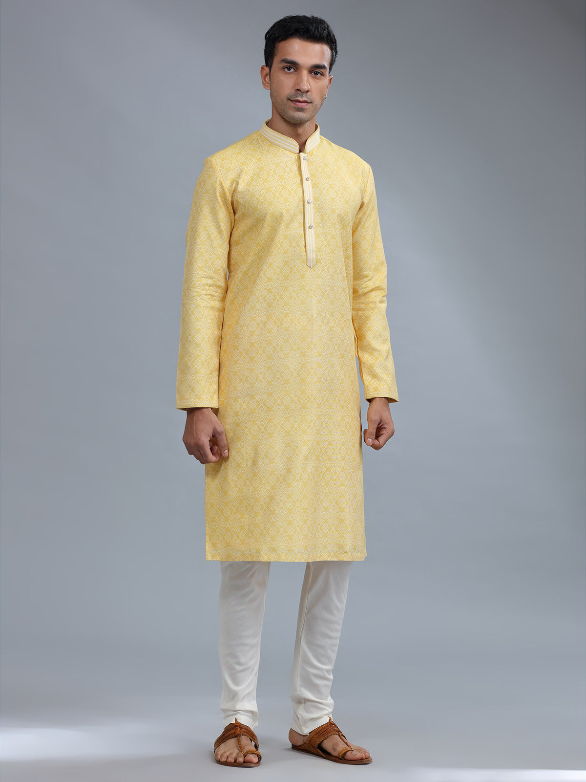 Yellow cotton silk festive style kurta pajama