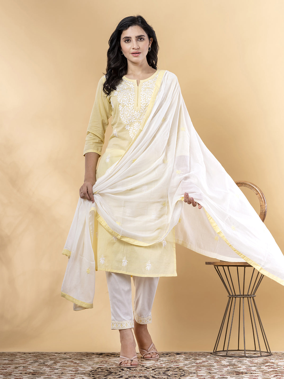 Yellow cotton straight cut kurti set with dupatta