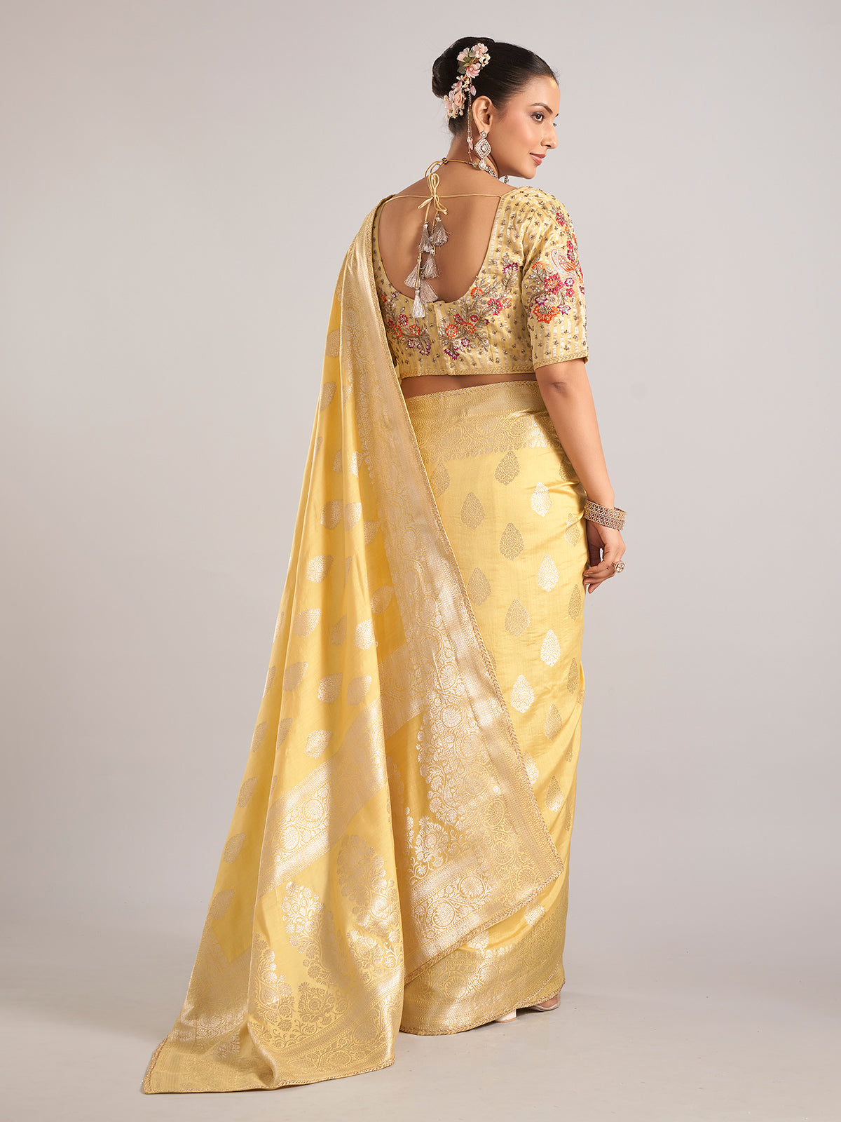 Yellow dola silk saree with zari work