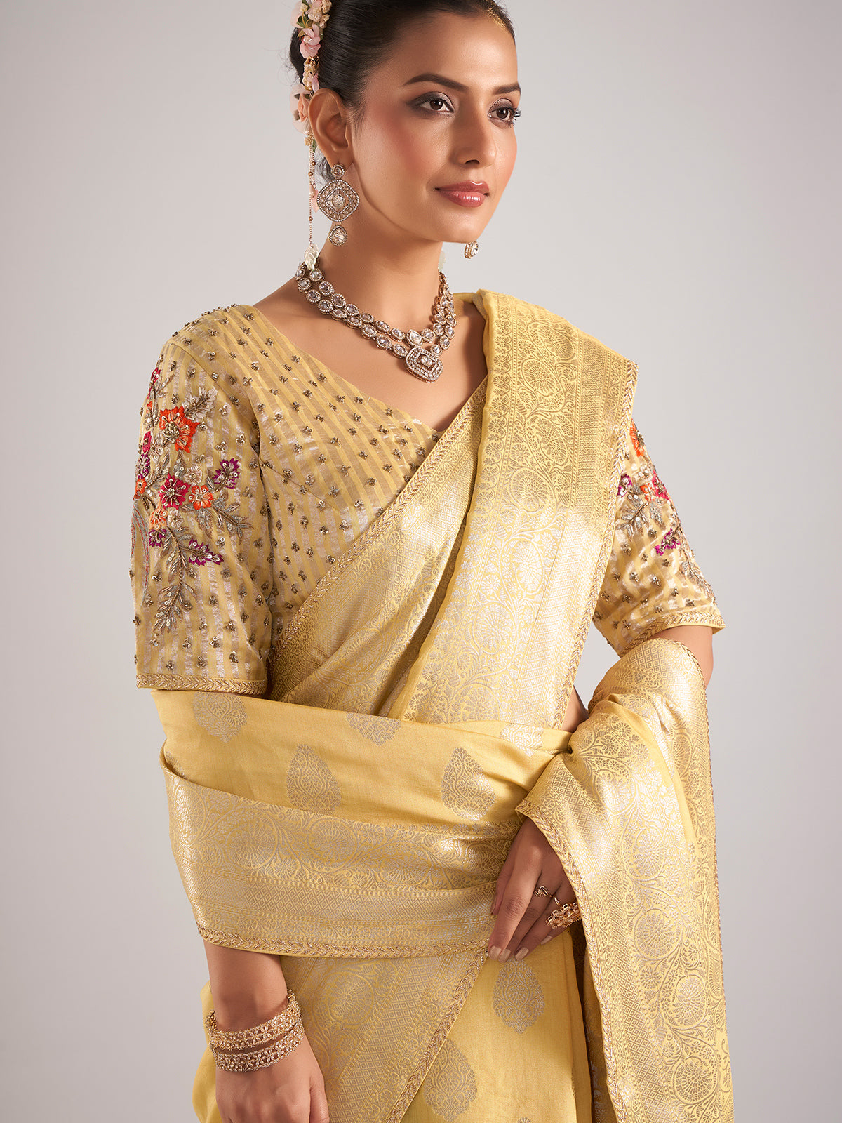 Yellow dola silk saree with zari work