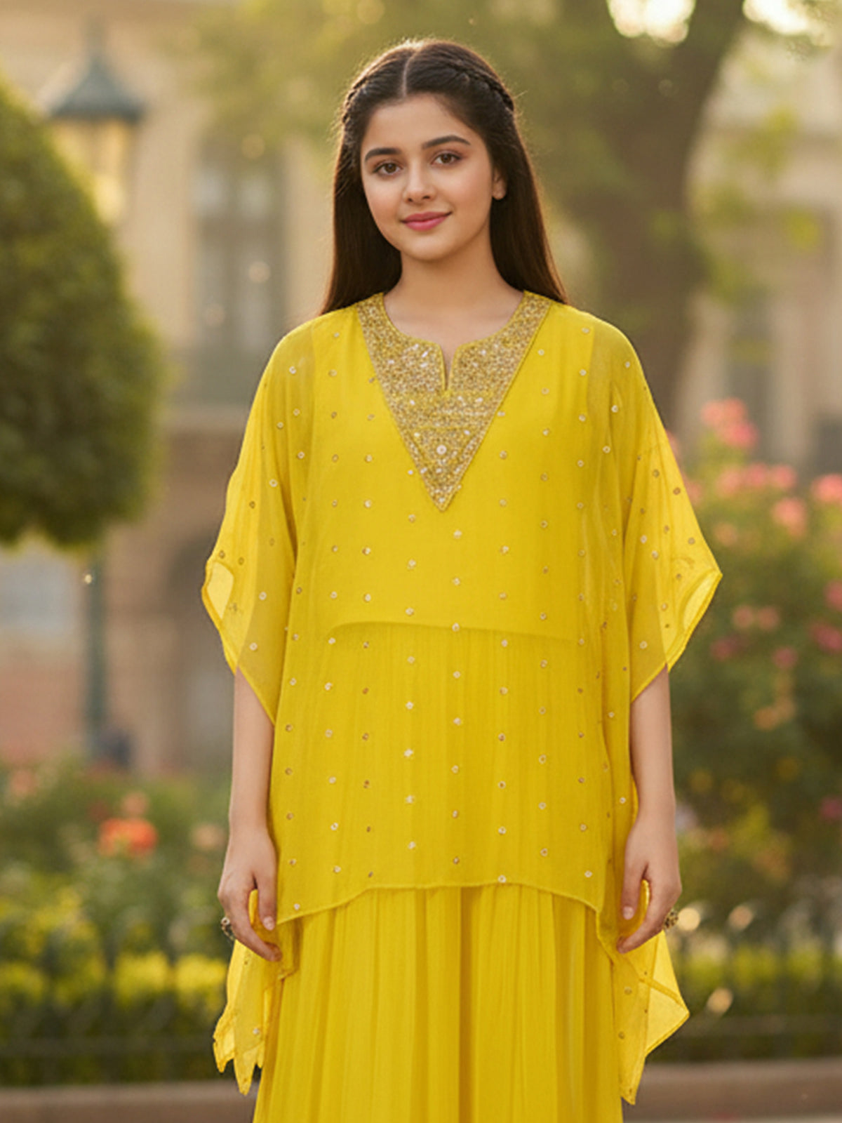 Yellow georgette kaftan style sequined palazzo suit