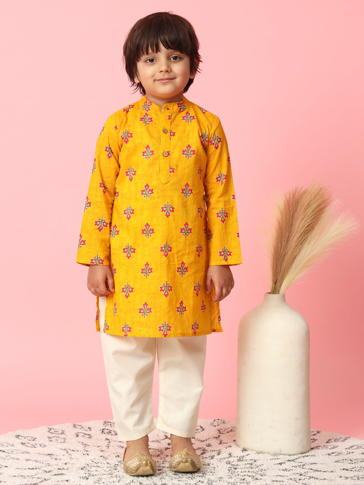 Yellow printed cotton boys kurta suit