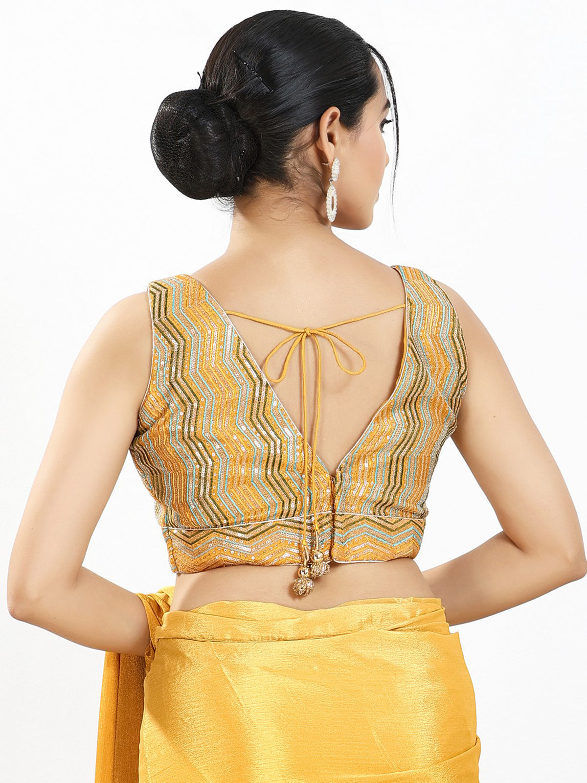 Yellow silk embroidery work sleeveless V neck blouse