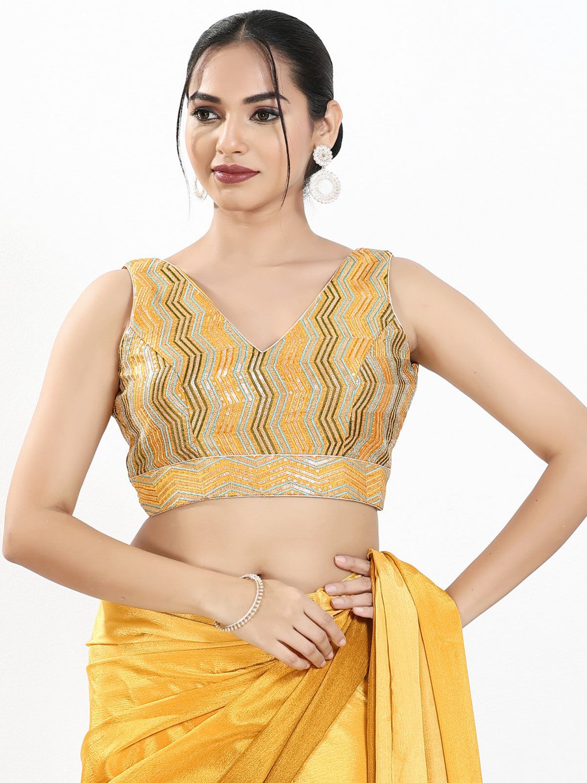 Yellow silk embroidery work sleeveless V neck blouse