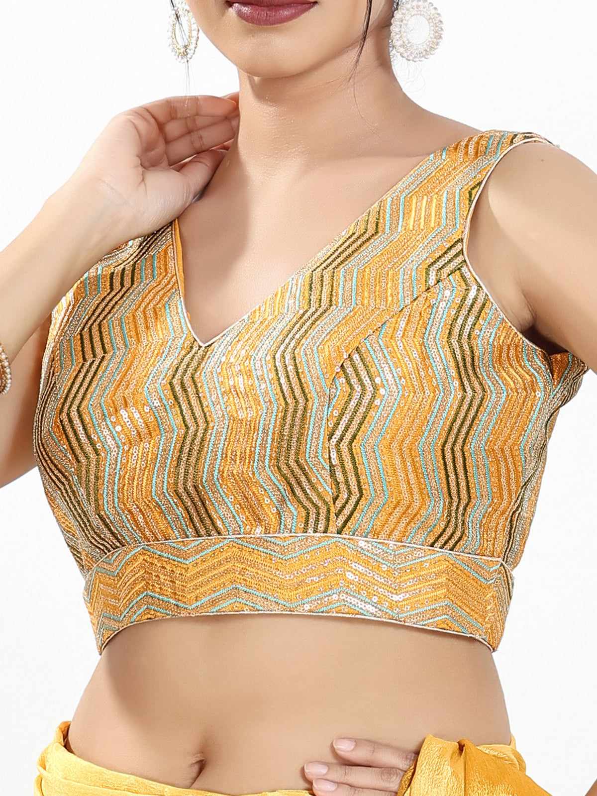 Yellow silk embroidery work sleeveless V neck blouse
