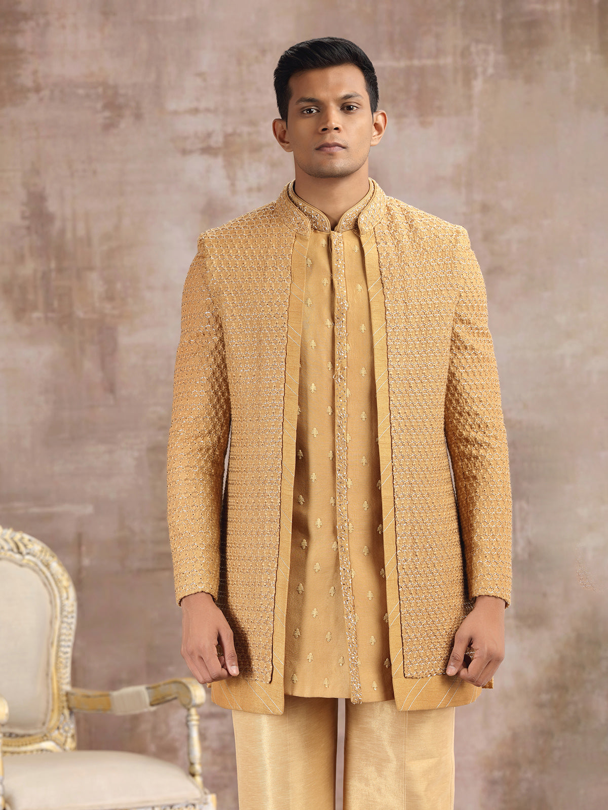 Yellow silk indo western for wedding wear