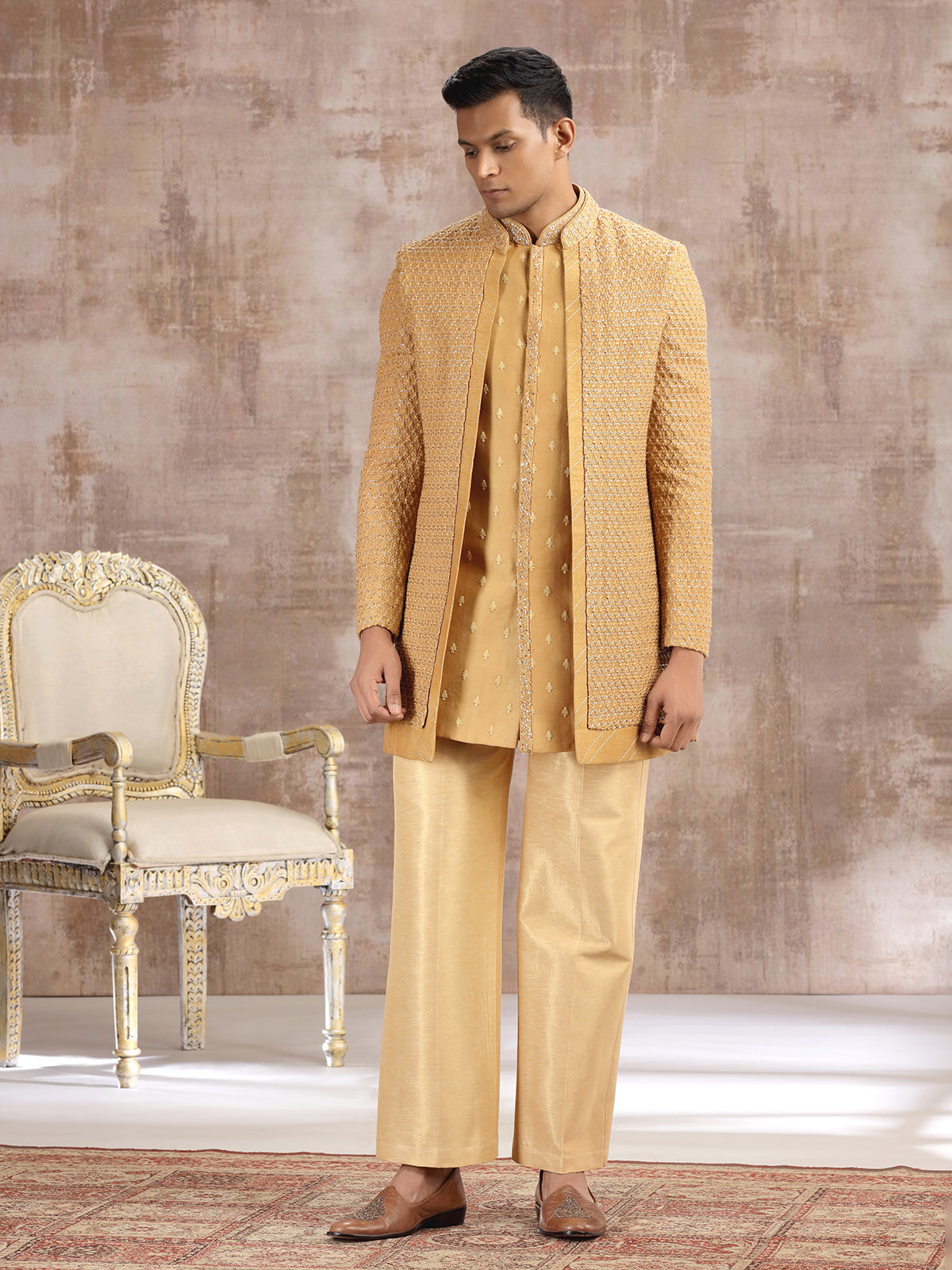 Yellow silk indo western for wedding wear