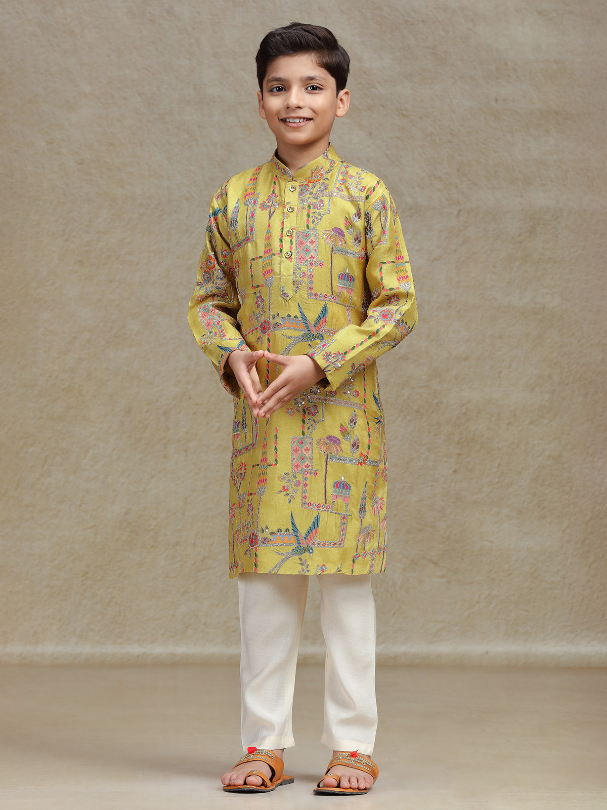 Yellow silk kurta suit for boys with print